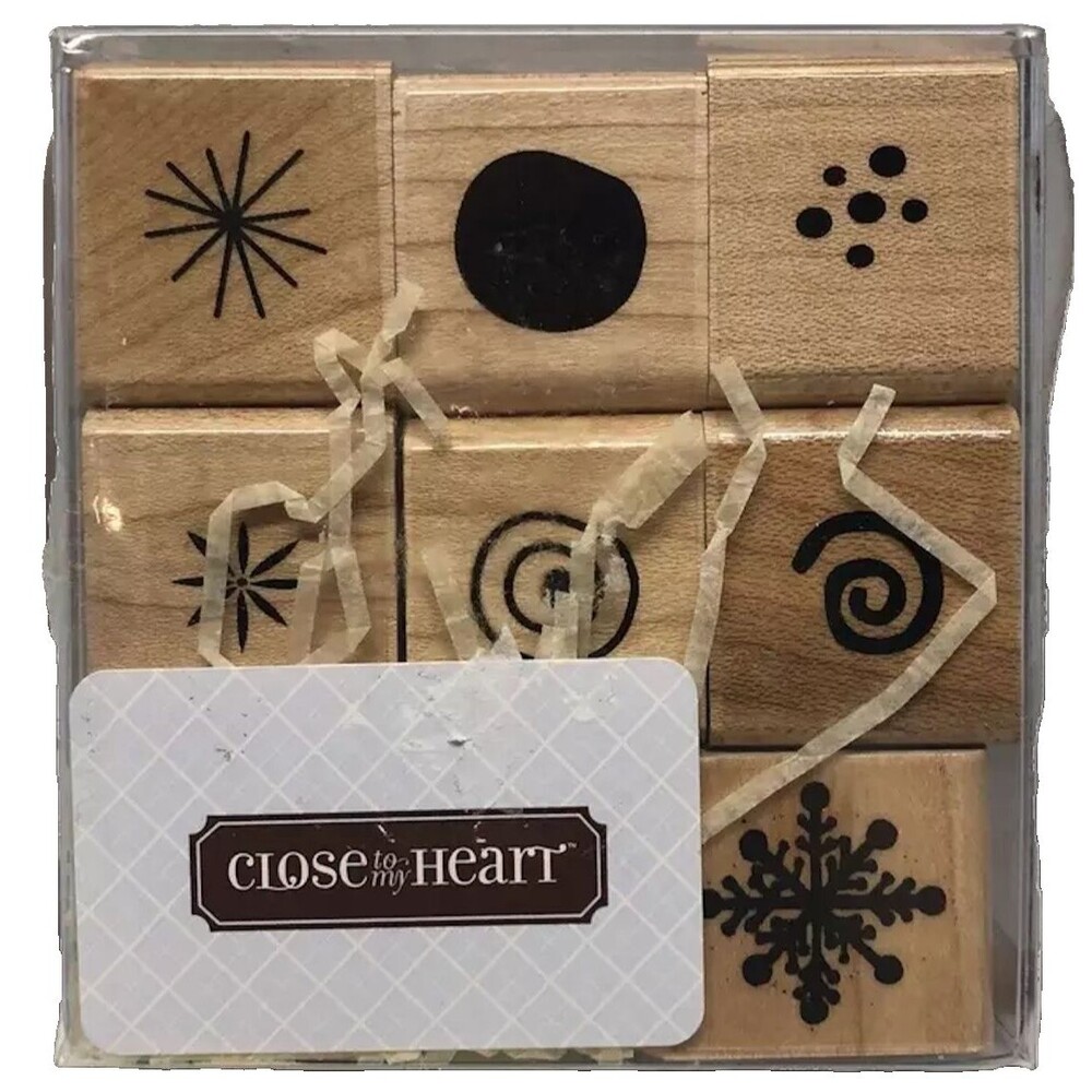 Close To My Heart Wooden Rubber Stamp Set Flowers Snowflakes Dots Spirals 7pc